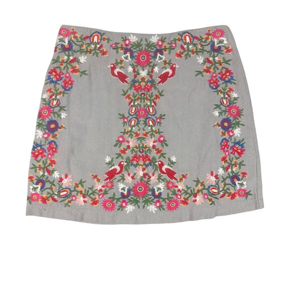 Umgee Dresses & Skirts - Umgee Embroidered Floral Bird Mini Skirt Womens Small Gray Boho A-Line C1088